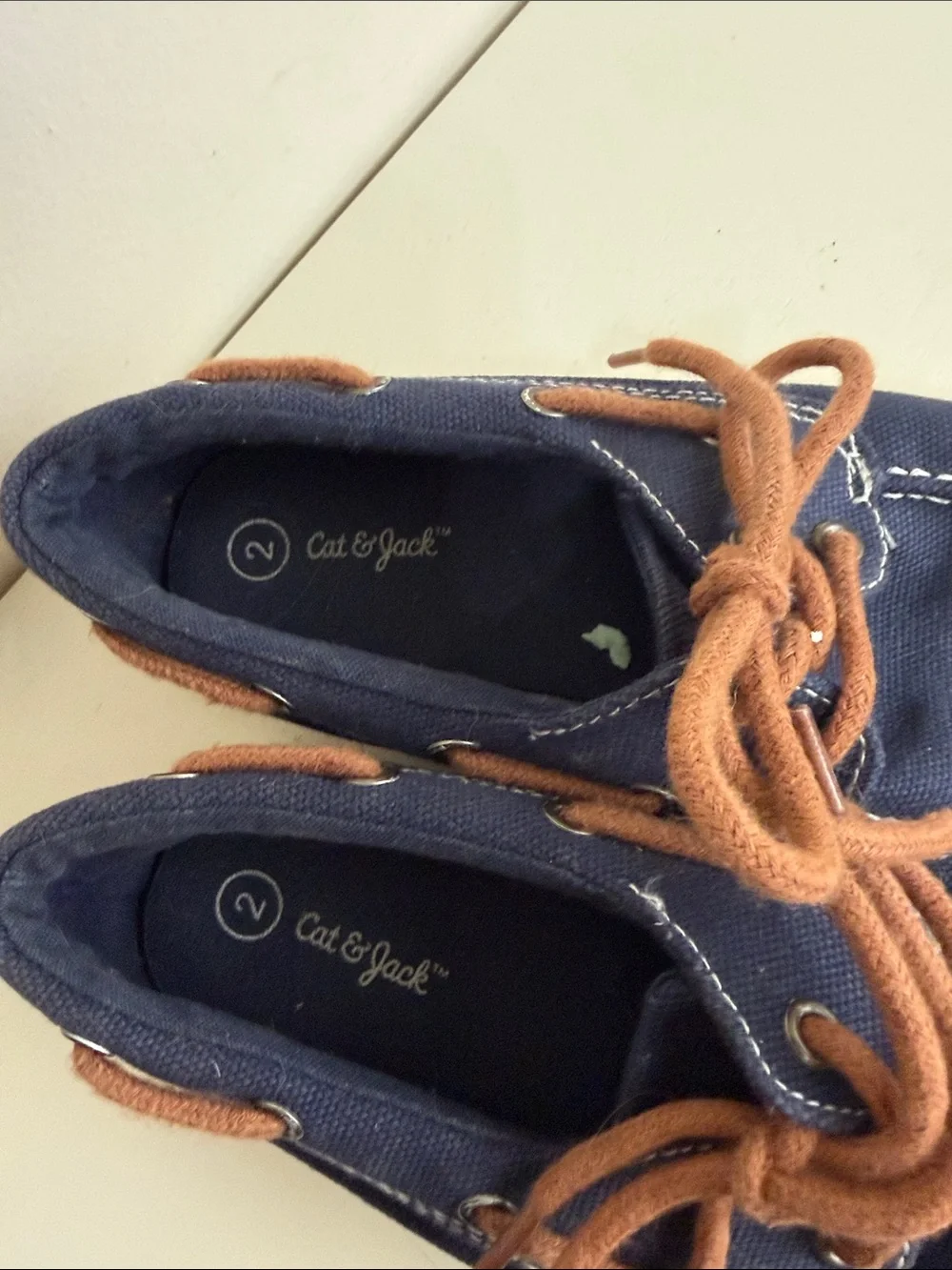 (2293) Cat & Jack Navy Canvas Boat Shoes with Brown Laces, Size: 2Y
